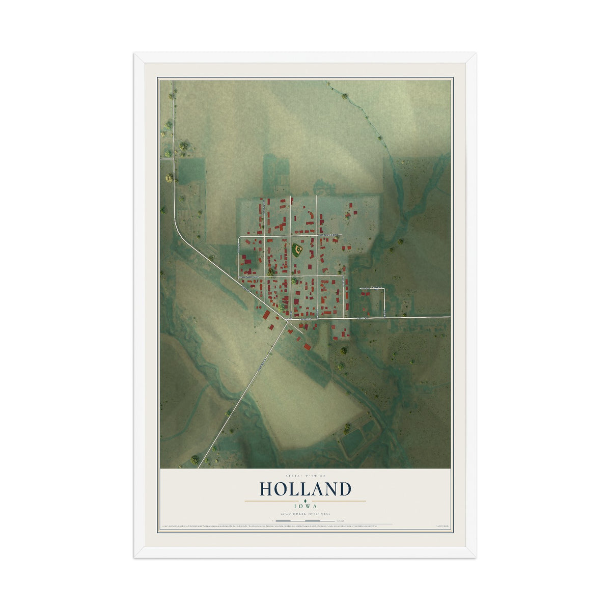 Map of Holland, Iowa, 12 x 18 inch print in a white wood frame