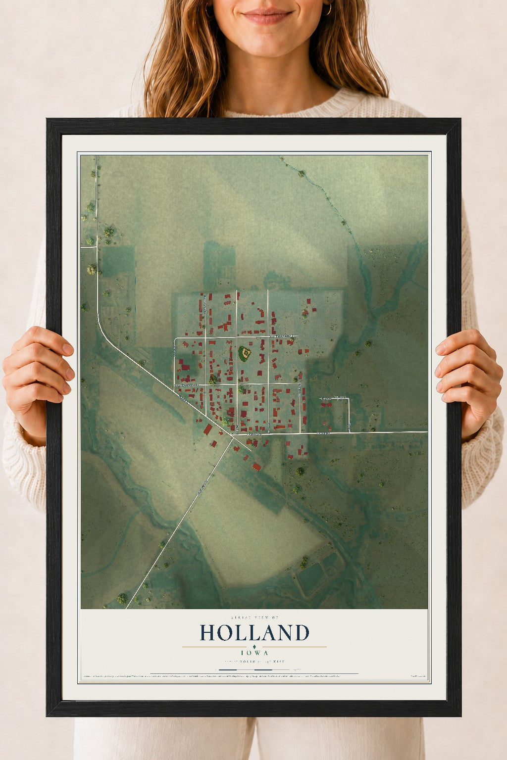 Map of Holland, Iowa, 18 x 24 inch print in a black wood frame