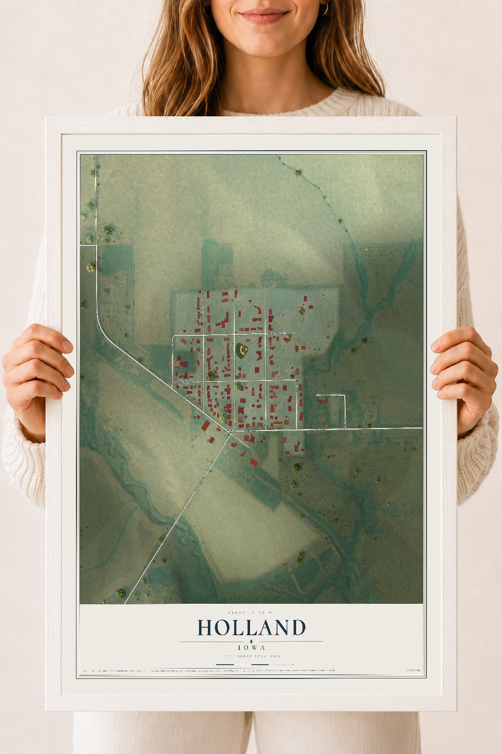 Map of Holland, Iowa, 18 x 24 inch print in a white wood frame