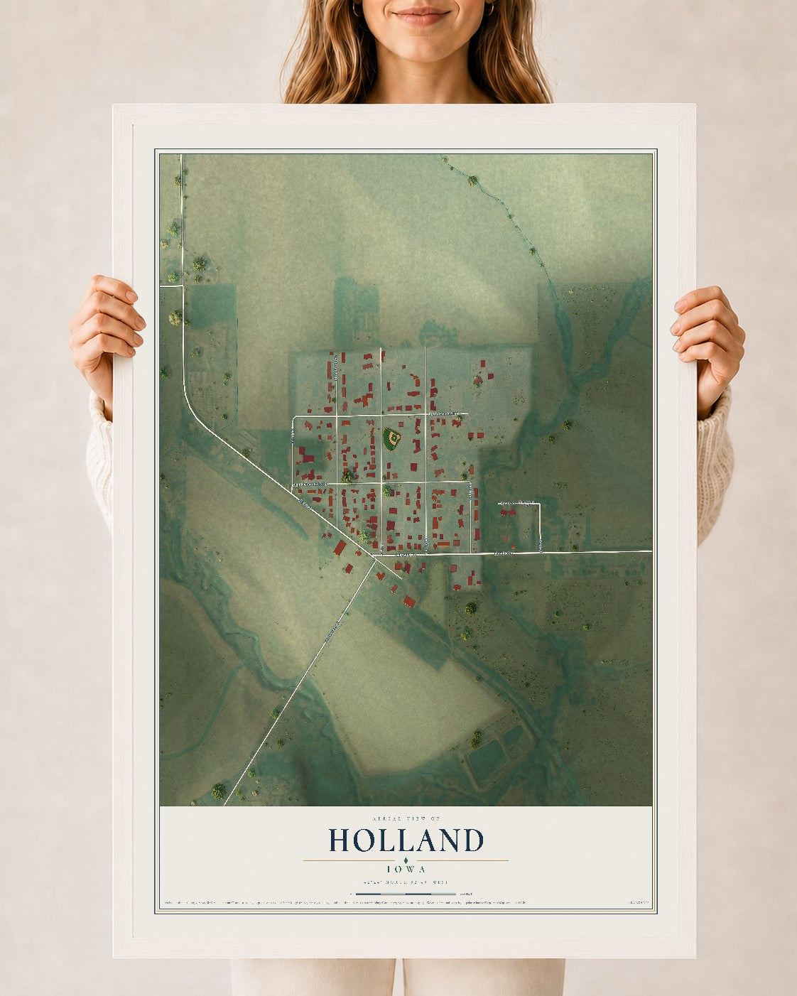 Map of Holland, Iowa, 24 x 36 inch print in a white wood frame