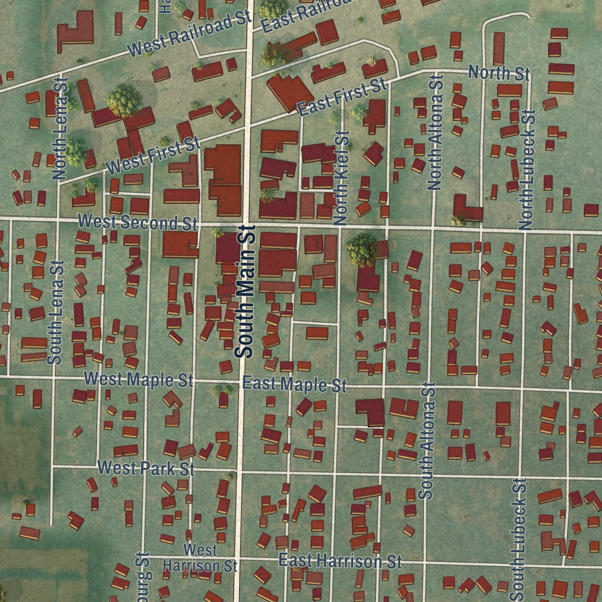 Close-up of the map of Holstein, Iowa print showing street and building detail