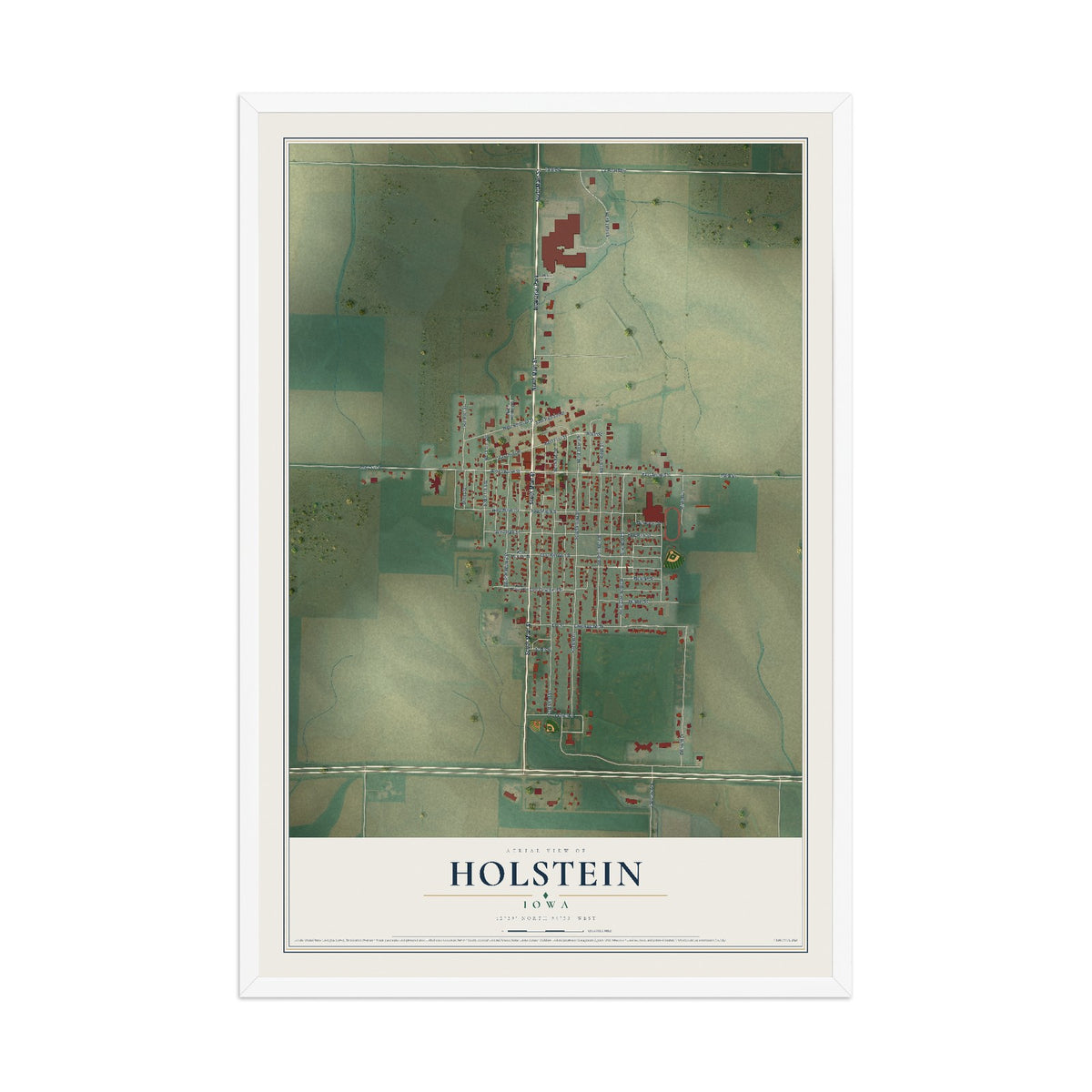 Map of Holstein, Iowa, 12 x 18 inch print in a white wood frame