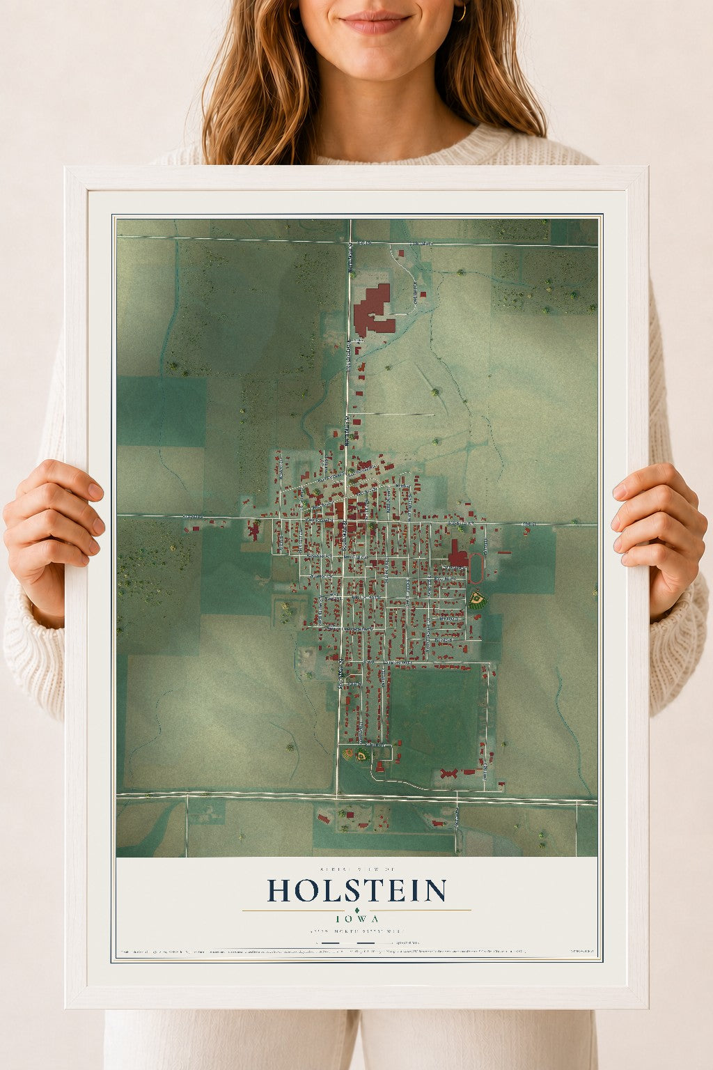 Map of Holstein, Iowa, 18 x 24 inch print in a white wood frame
