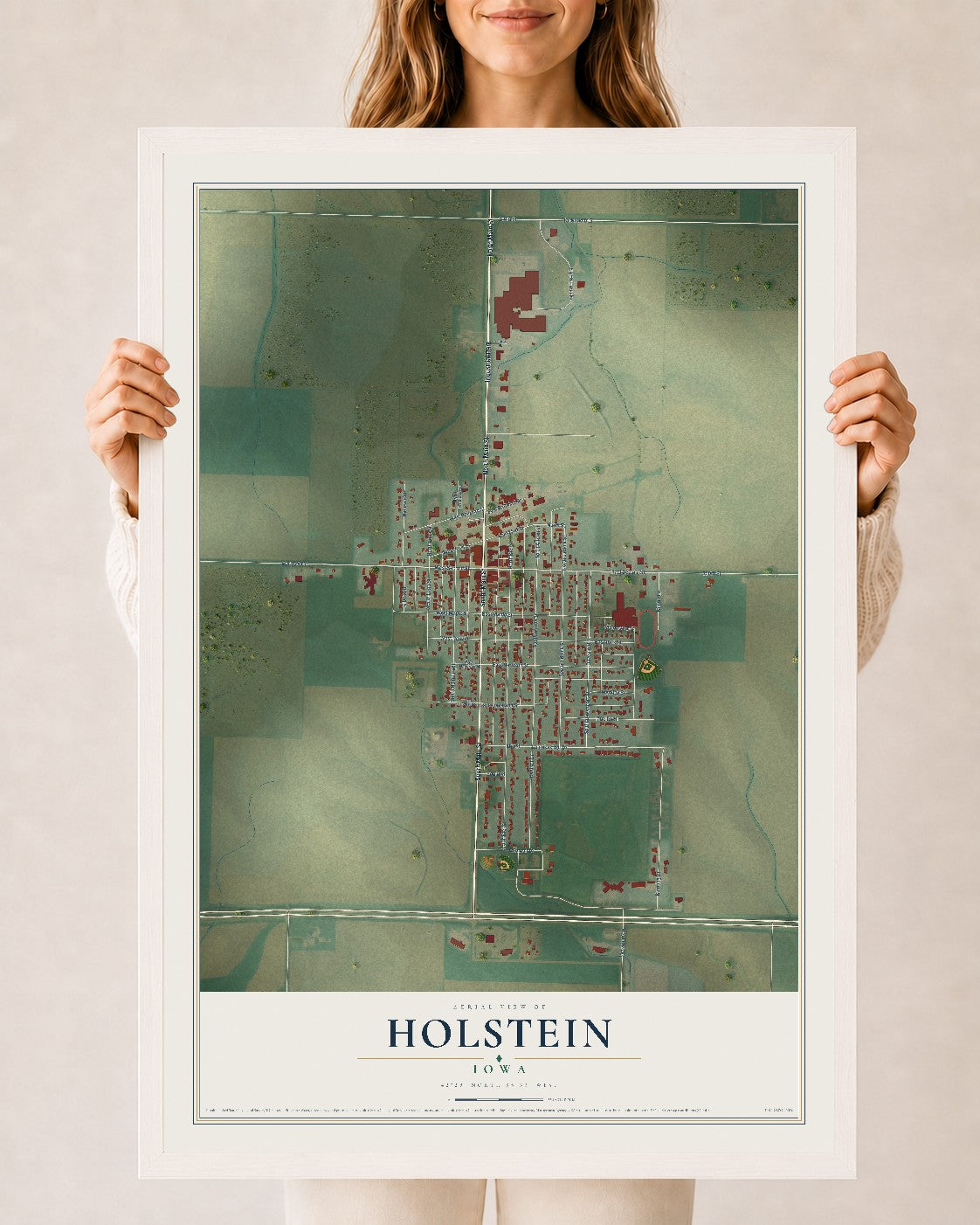 Map of Holstein, Iowa, 24 x 36 inch print in a white wood frame