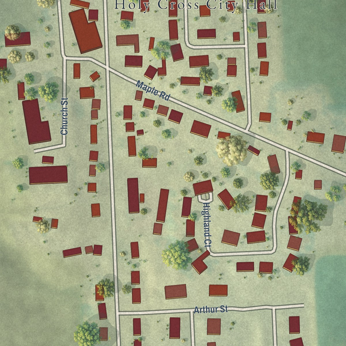 Close-up of the map of Holy Cross, Iowa print showing street and building detail