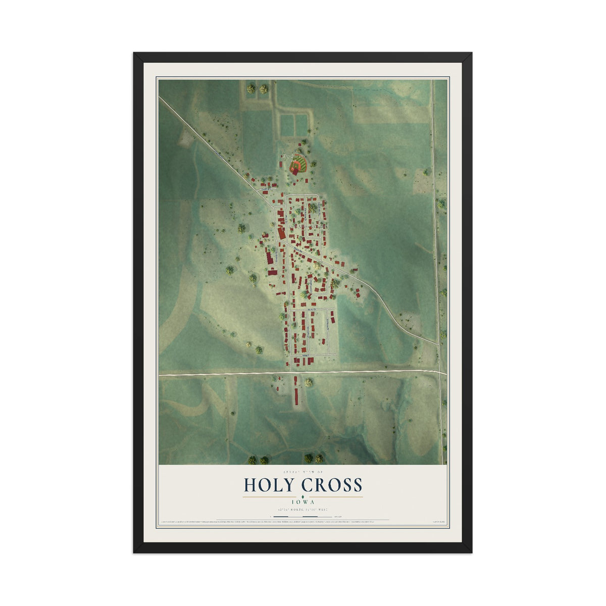 Map of Holy Cross, Iowa, 12 x 18 inch print in a black wood frame