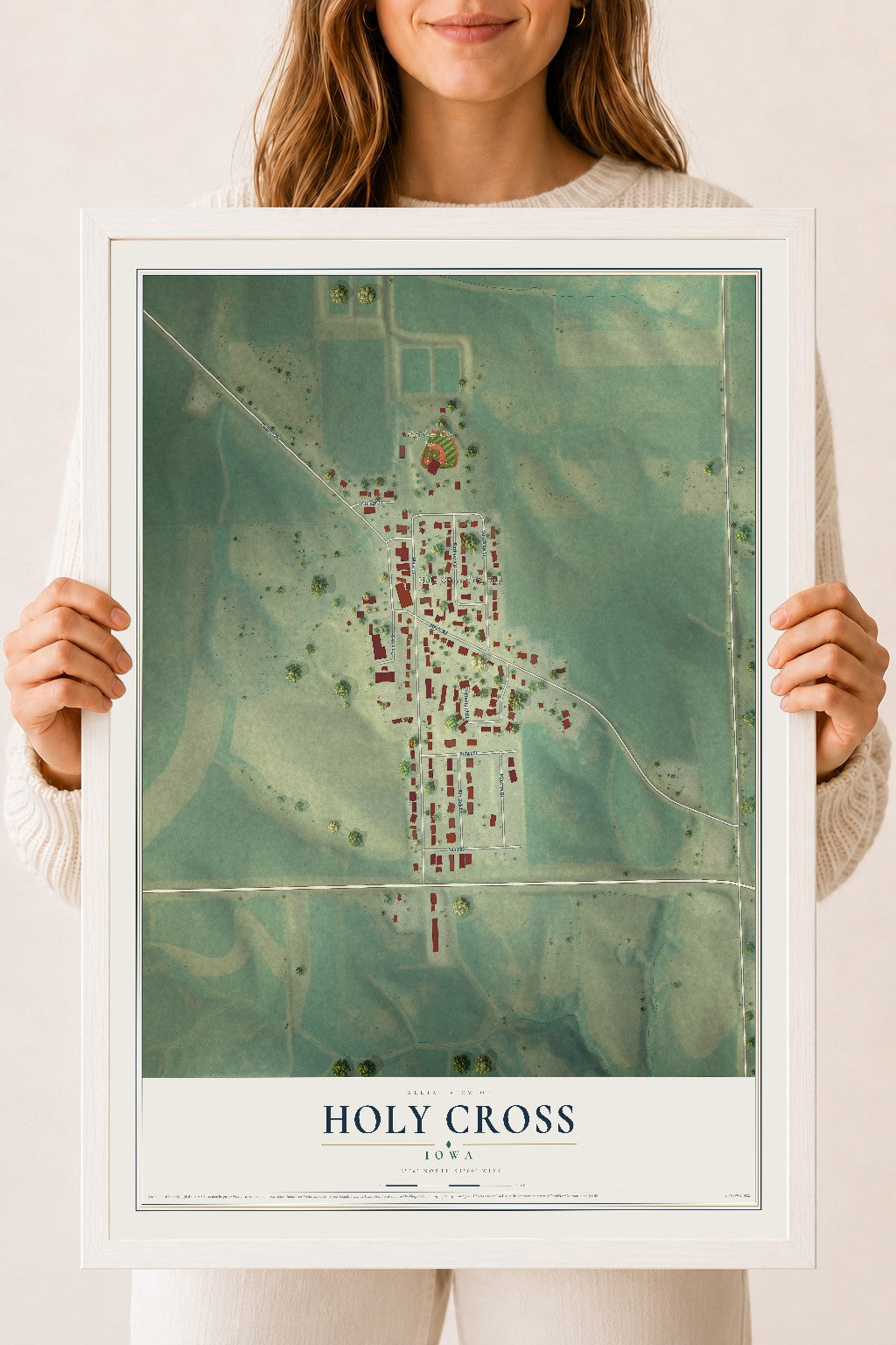 Map of Holy Cross, Iowa, 18 x 24 inch print in a white wood frame