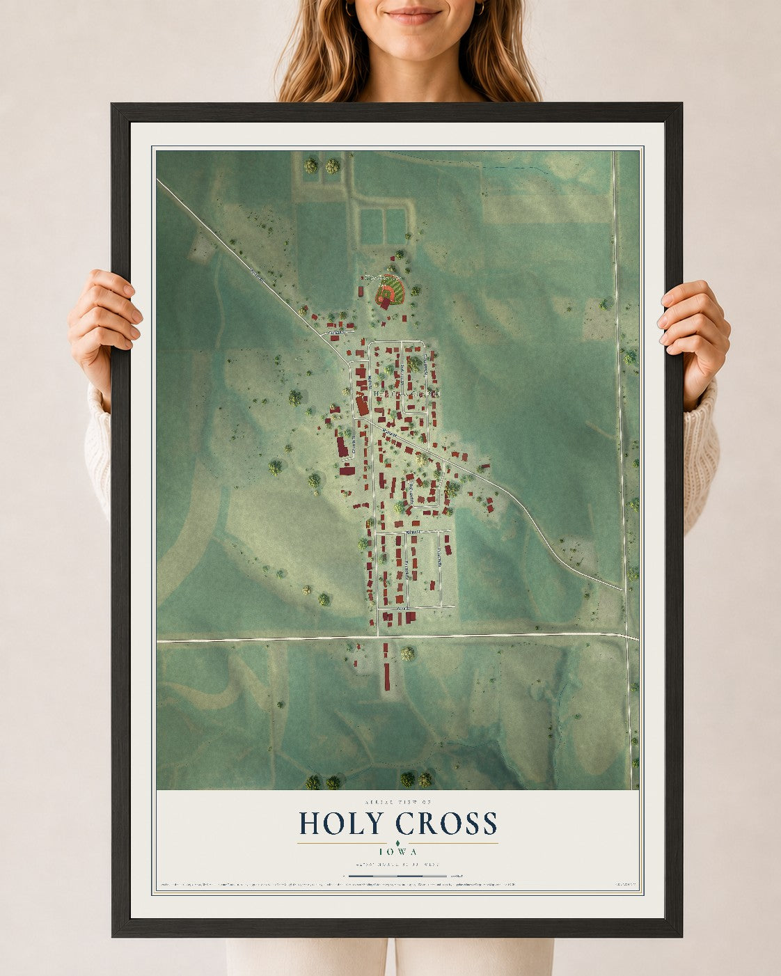 Map of Holy Cross, Iowa, 24 x 36 inch print in a black wood frame