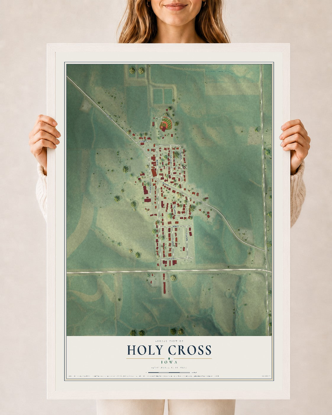 Map of Holy Cross, Iowa, 24 x 36 inch print in a white wood frame