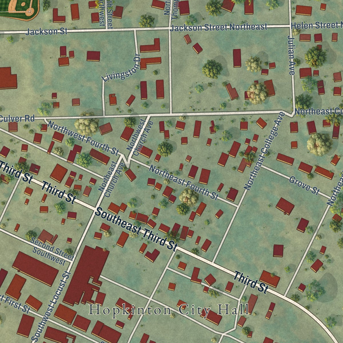 Close-up of the map of Hopkinton, Iowa print showing street and building detail