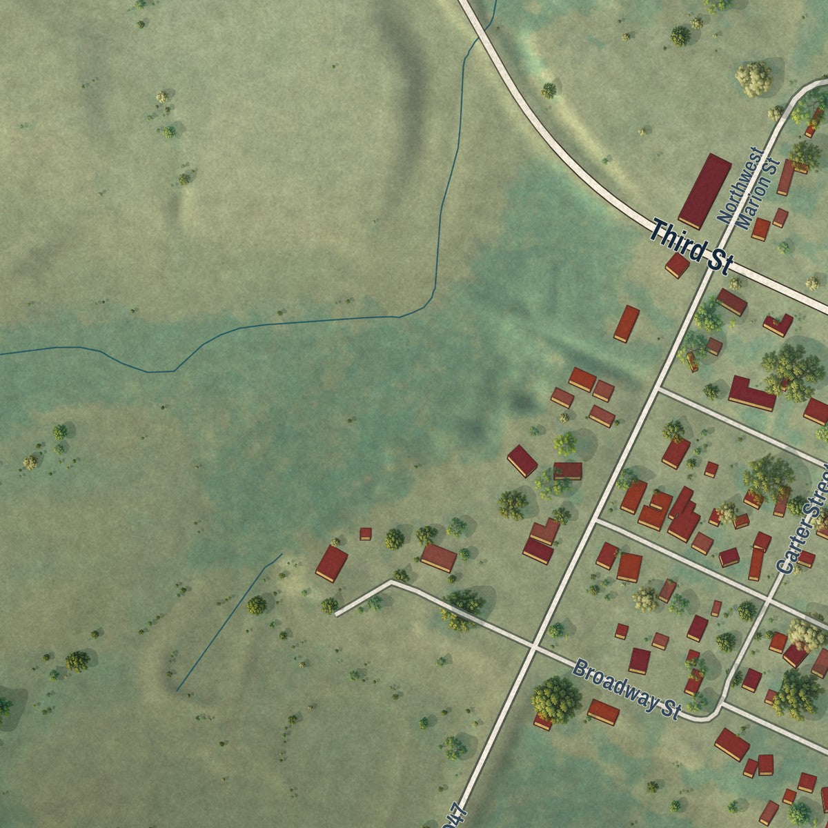 Second close-up of the map of Hopkinton, Iowa print showing more streets and buildings