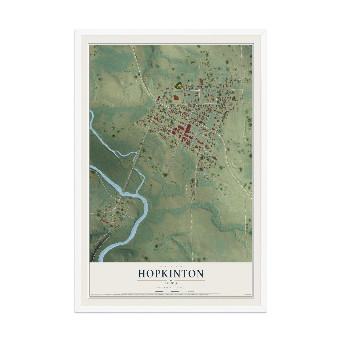 Map of Hopkinton, Iowa, 12 x 18 inch print in a white wood frame