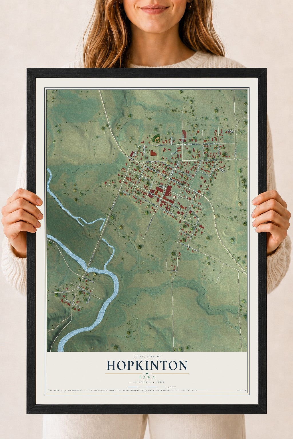 Map of Hopkinton, Iowa, 18 x 24 inch print in a black wood frame