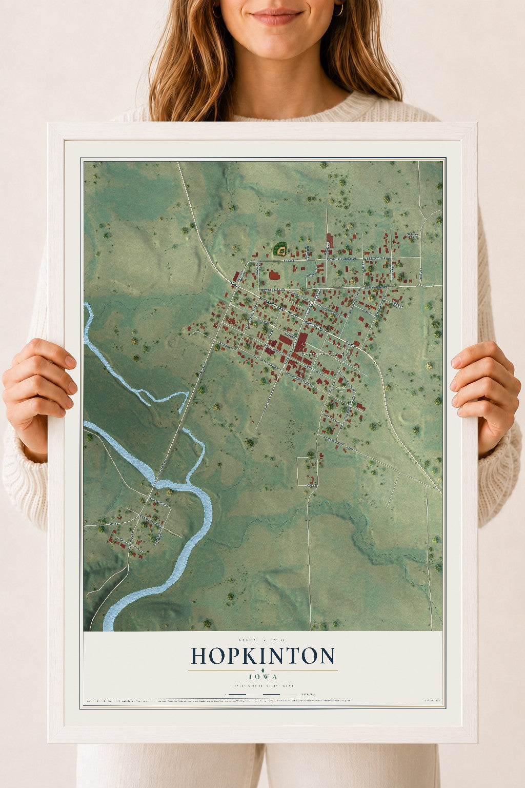 Map of Hopkinton, Iowa, 18 x 24 inch print in a white wood frame