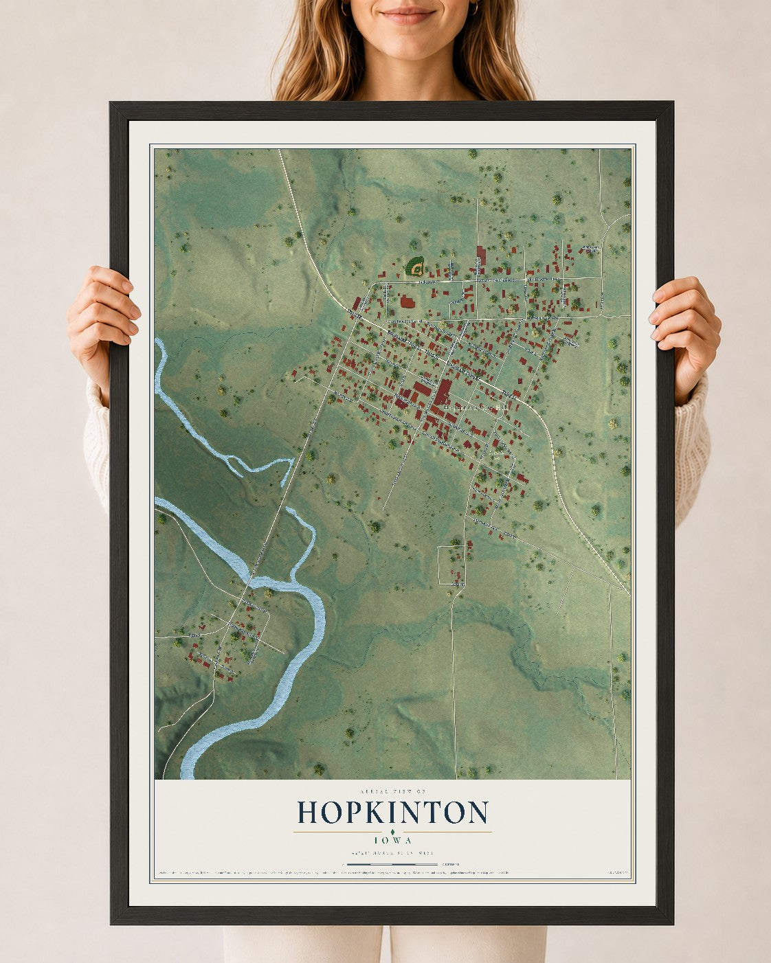 Map of Hopkinton, Iowa, 24 x 36 inch print in a black wood frame