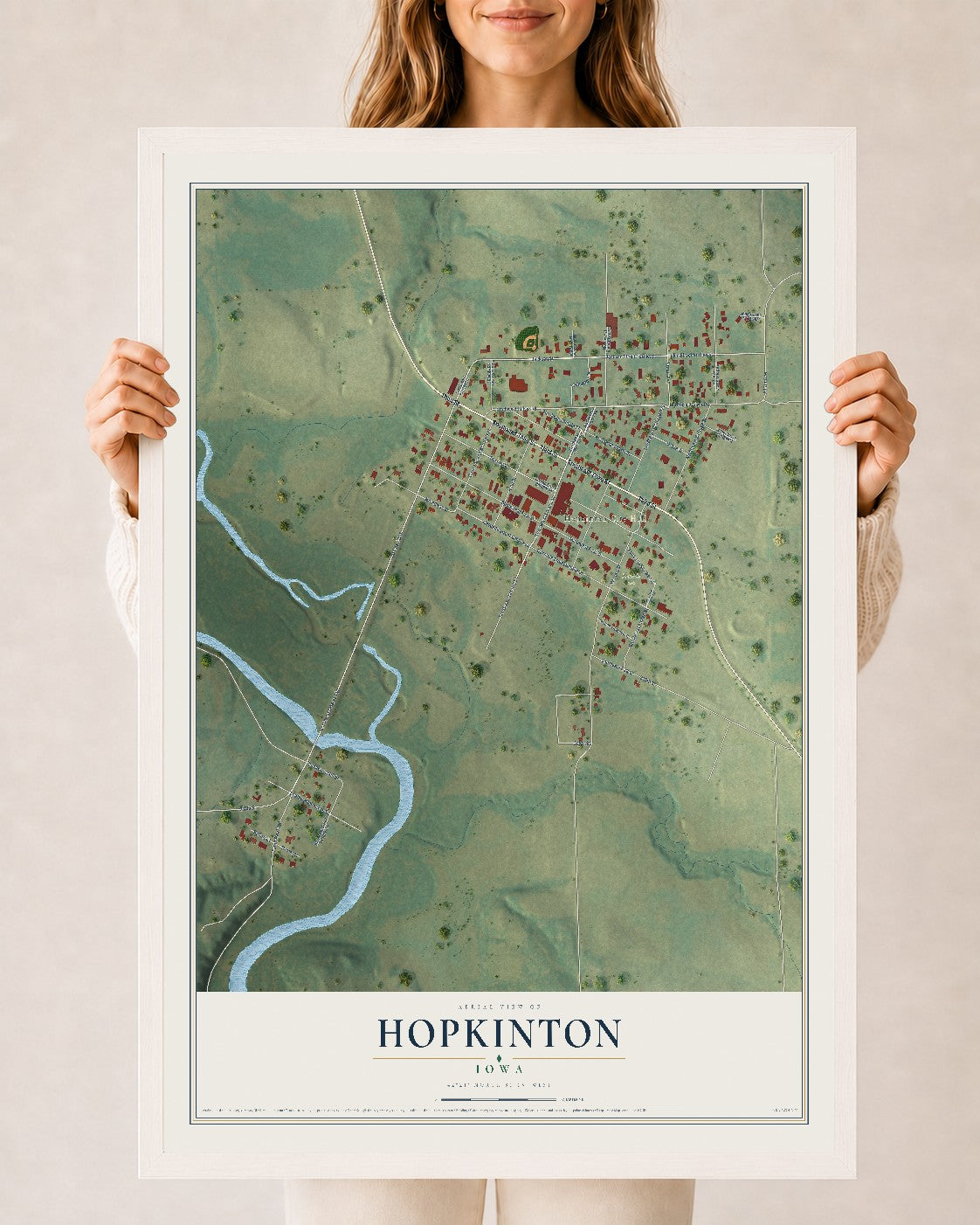 Map of Hopkinton, Iowa, 24 x 36 inch print in a white wood frame