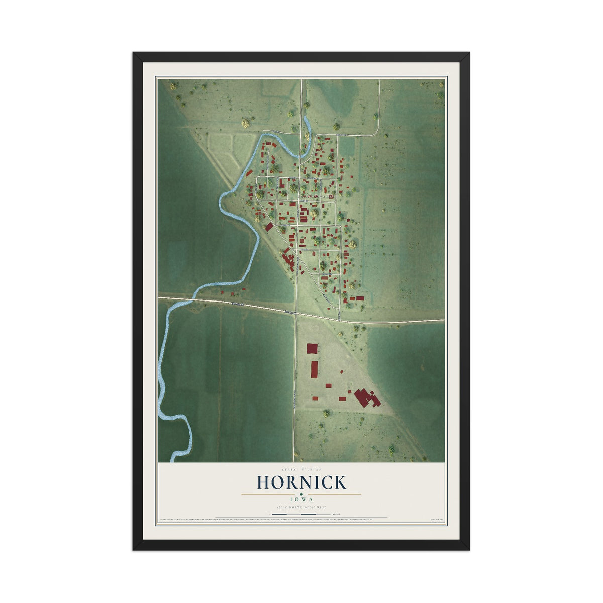 Map of Hornick, Iowa, 12 x 18 inch print in a black wood frame
