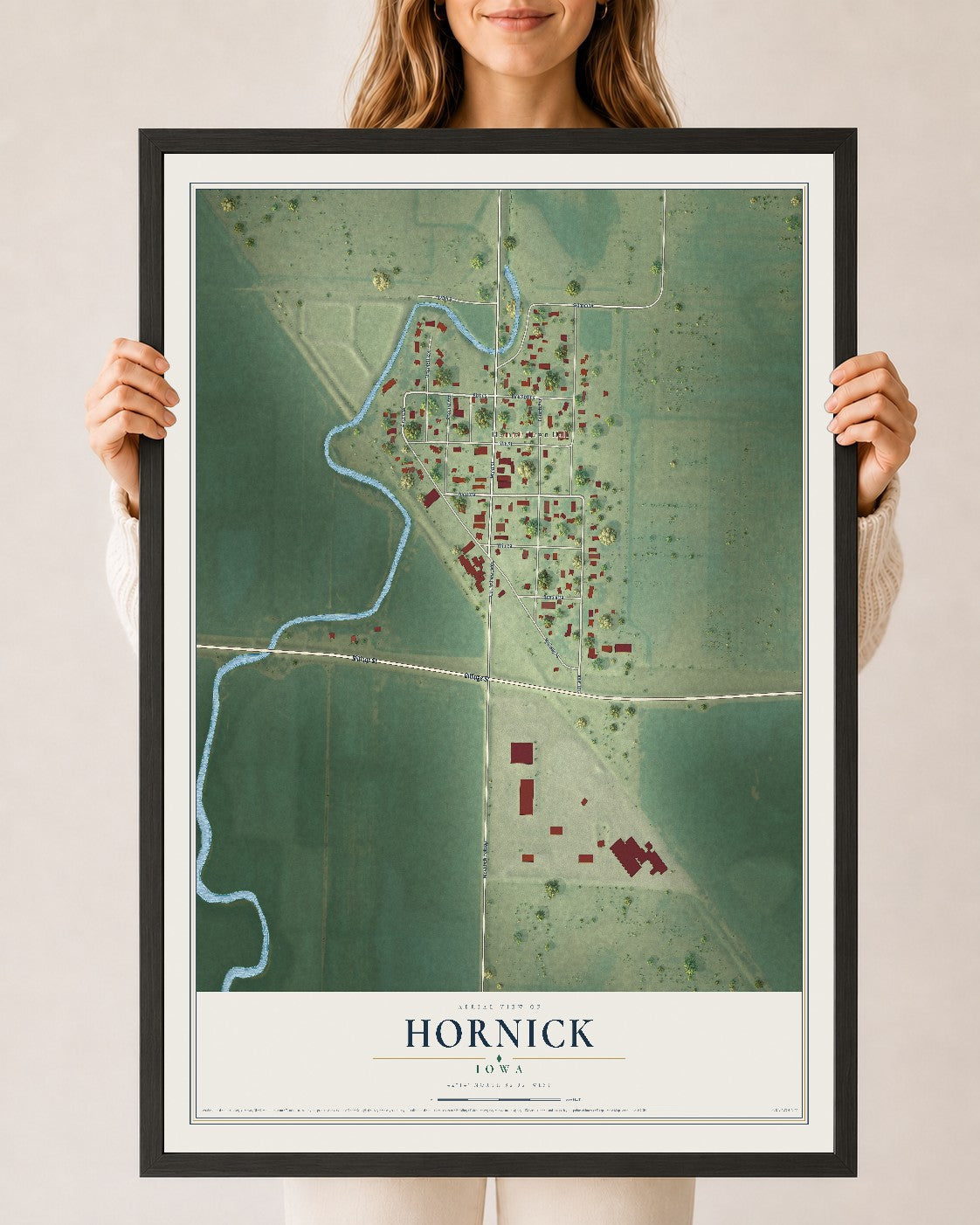Map of Hornick, Iowa, 24 x 36 inch print in a black wood frame