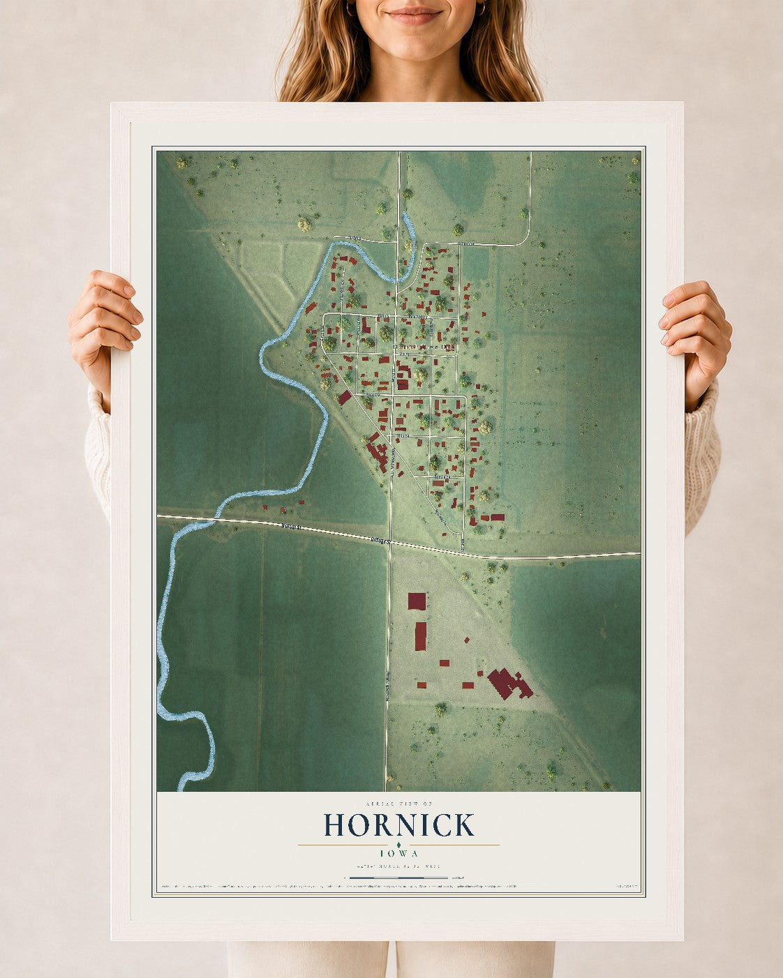 Map of Hornick, Iowa, 24 x 36 inch print in a white wood frame