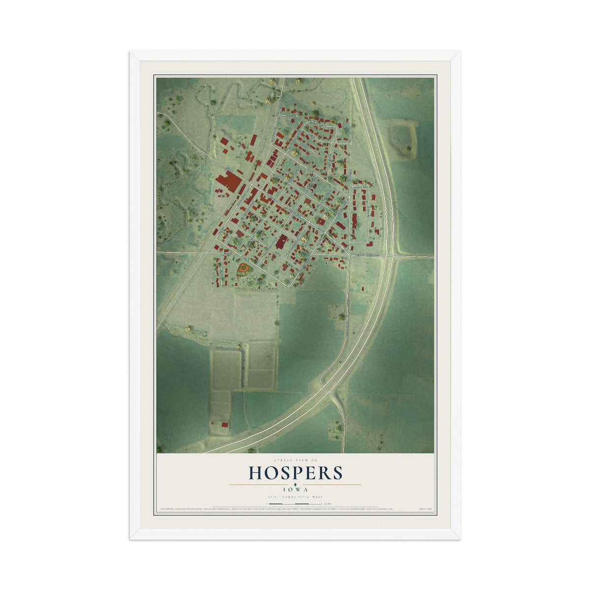 Map of Hospers, Iowa, 12 x 18 inch print in a white wood frame