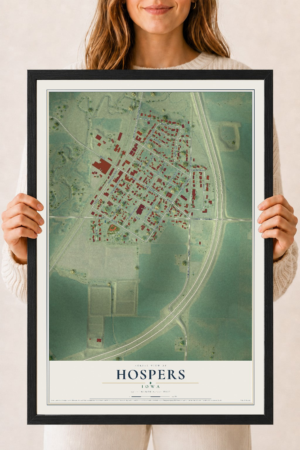 Map of Hospers, Iowa, 18 x 24 inch print in a black wood frame