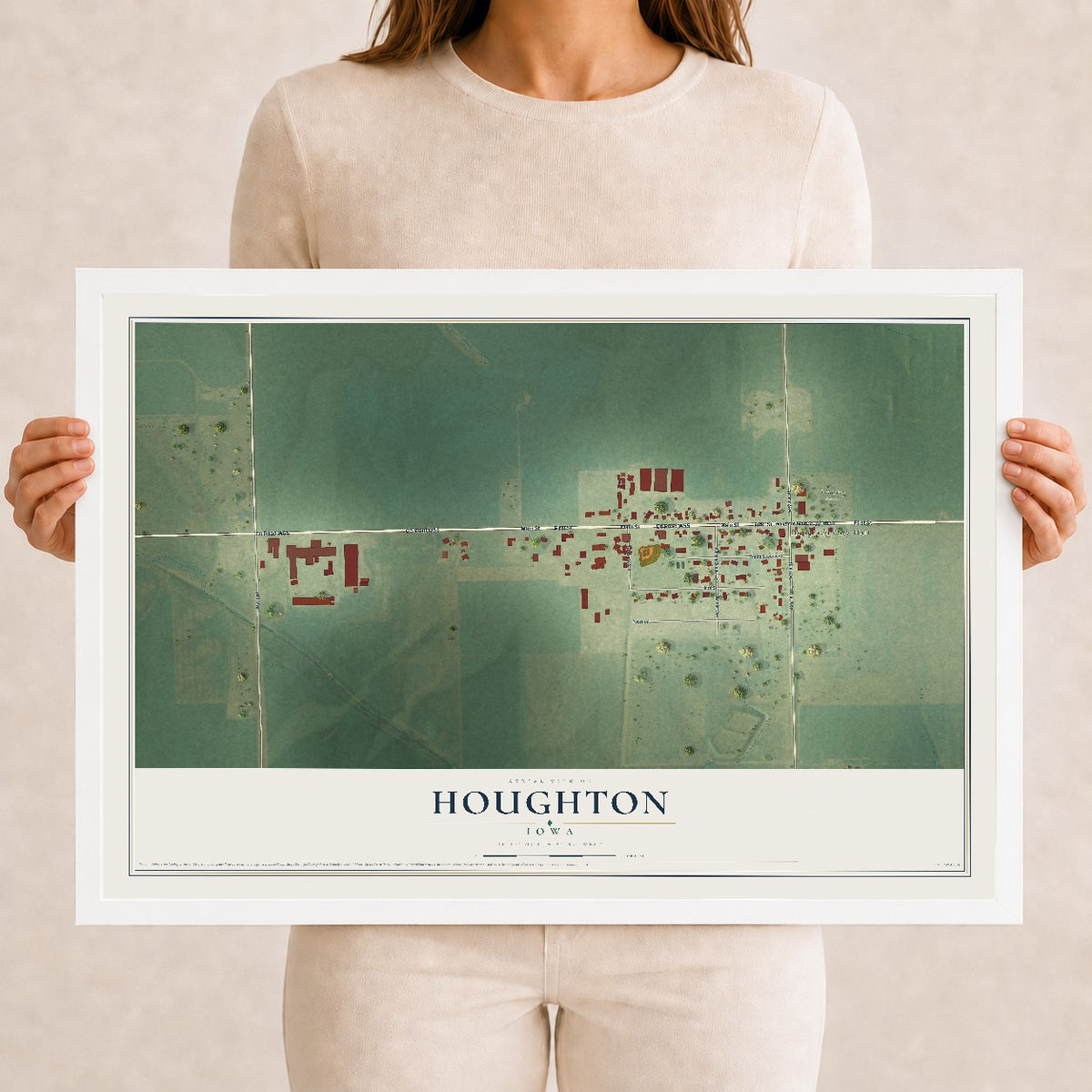 Map of Houghton, Iowa, 12 x 18 inch print in a white wood frame