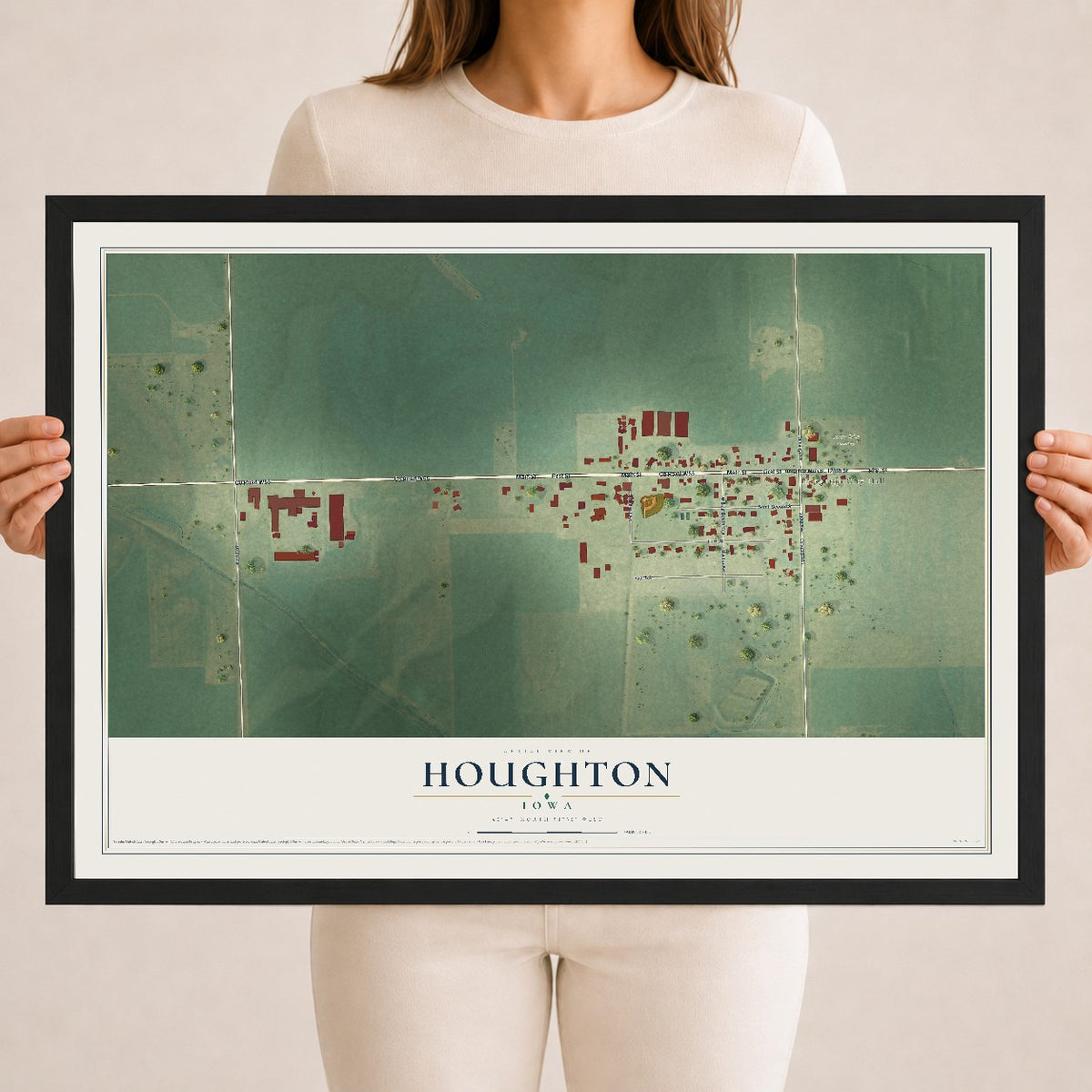 Map of Houghton, Iowa, 18 x 24 inch print in a black wood frame