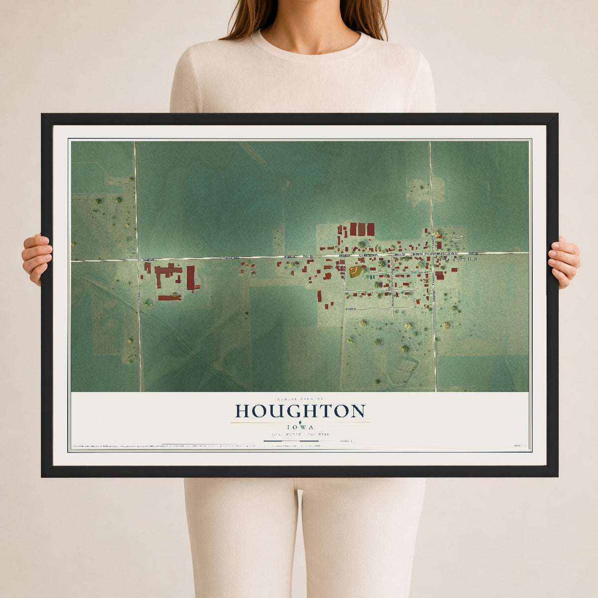 Map of Houghton, Iowa, 24 x 36 inch print in a black wood frame