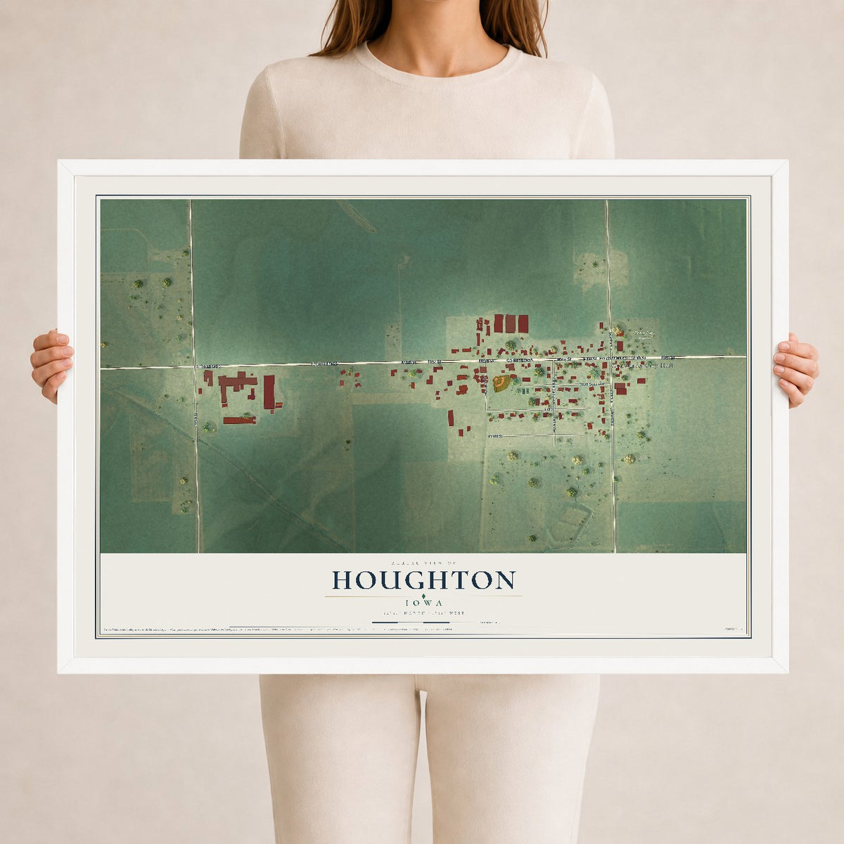 Map of Houghton, Iowa, 24 x 36 inch print in a white wood frame
