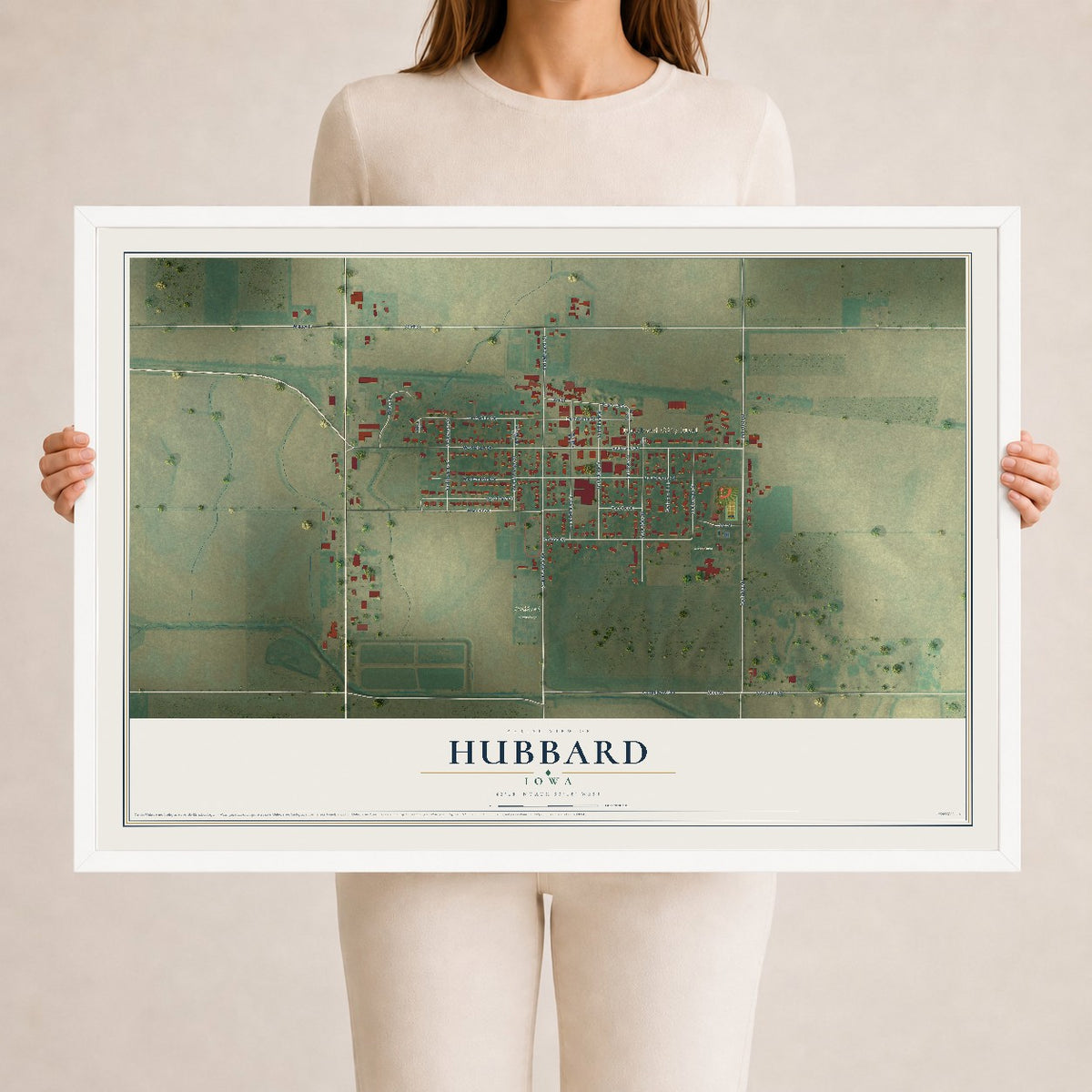 Map of Hubbard, Iowa, 24 x 36 inch print in a white wood frame