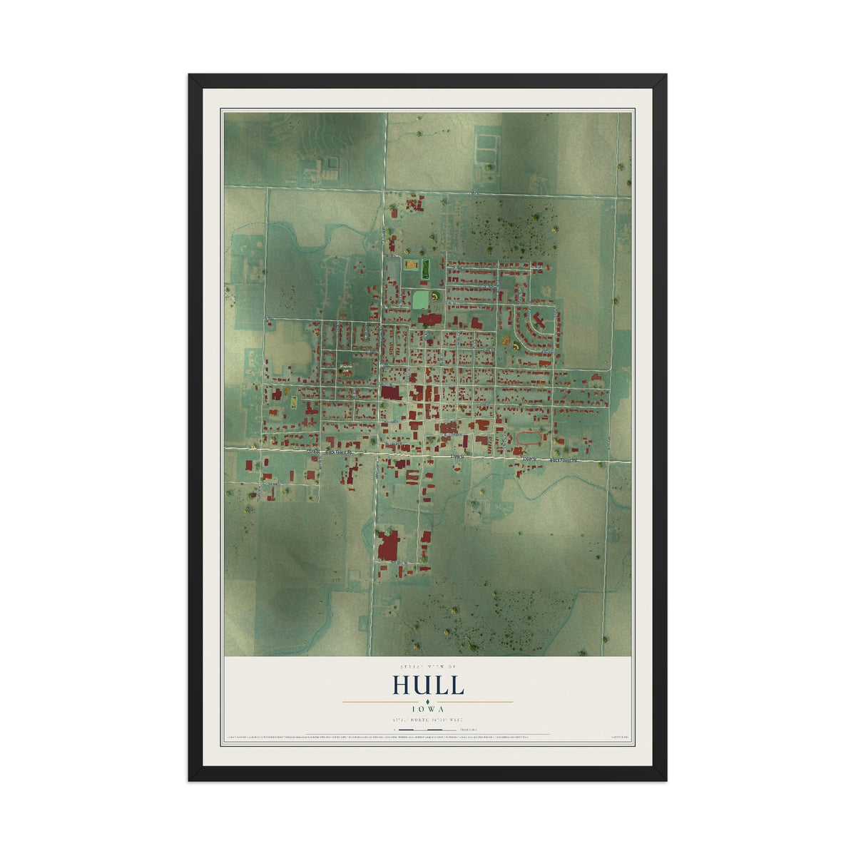 Map of Hull, Iowa, 12 x 18 inch print in a black wood frame