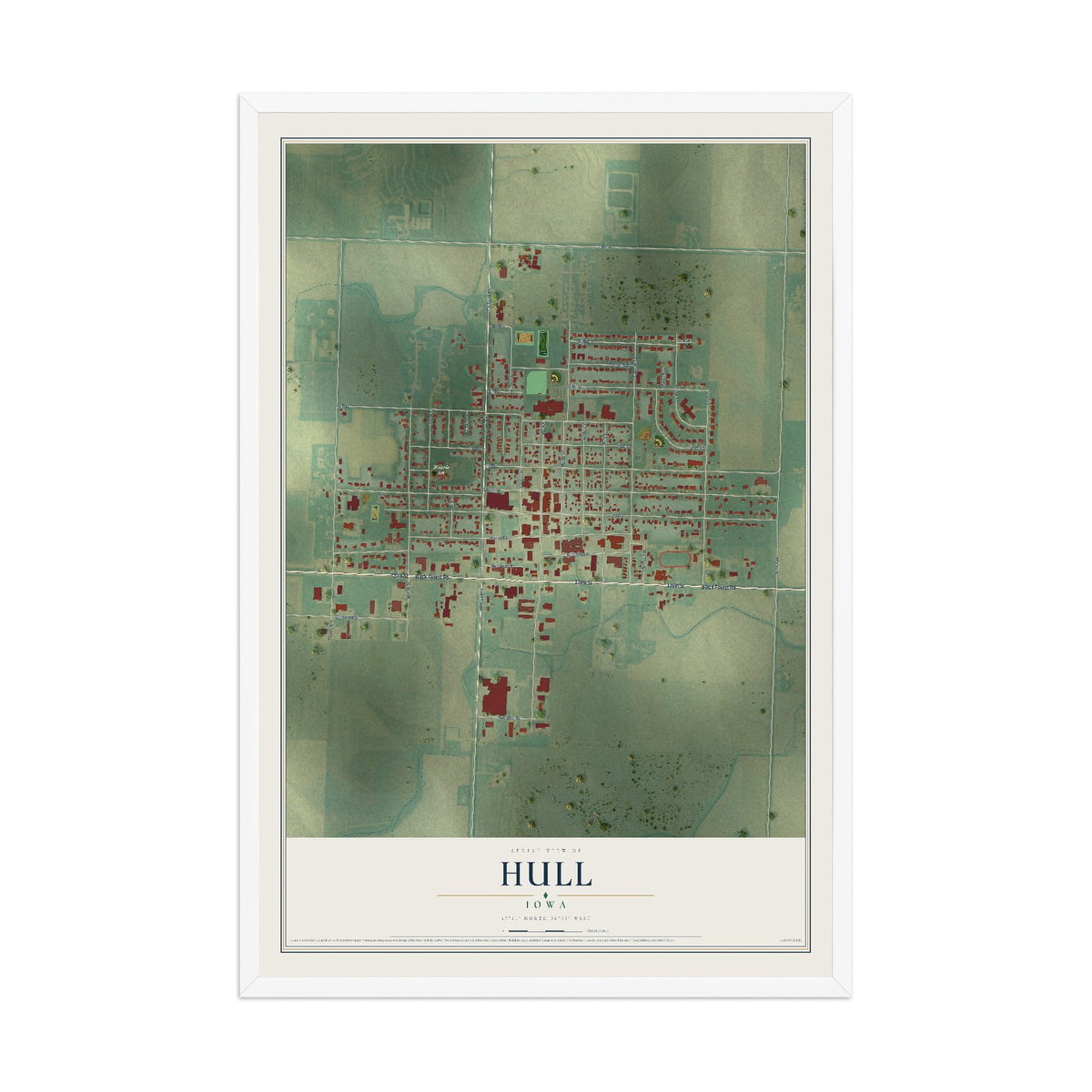 Map of Hull, Iowa, 12 x 18 inch print in a white wood frame