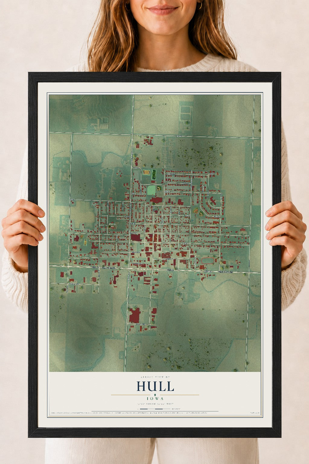 Map of Hull, Iowa, 18 x 24 inch print in a black wood frame