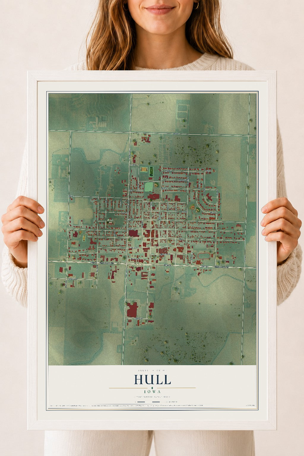 Map of Hull, Iowa, 18 x 24 inch print in a white wood frame