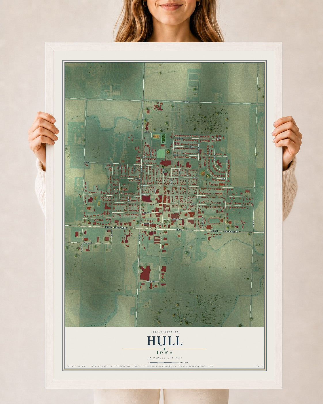 Map of Hull, Iowa, 24 x 36 inch print in a white wood frame