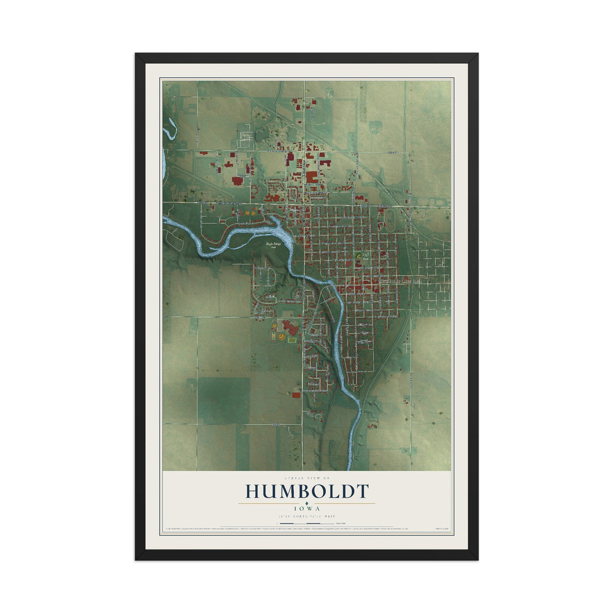 Map of Humboldt, Iowa, 12 x 18 inch print in a black wood frame