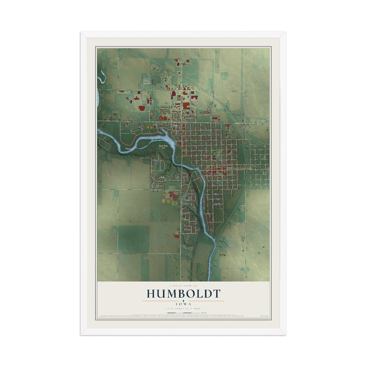Map of Humboldt, Iowa, 12 x 18 inch print in a white wood frame