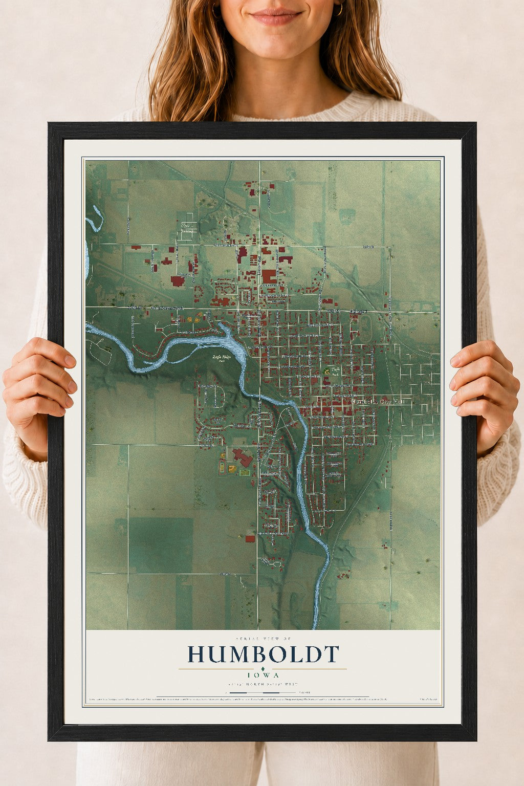 Map of Humboldt, Iowa, 18 x 24 inch print in a black wood frame
