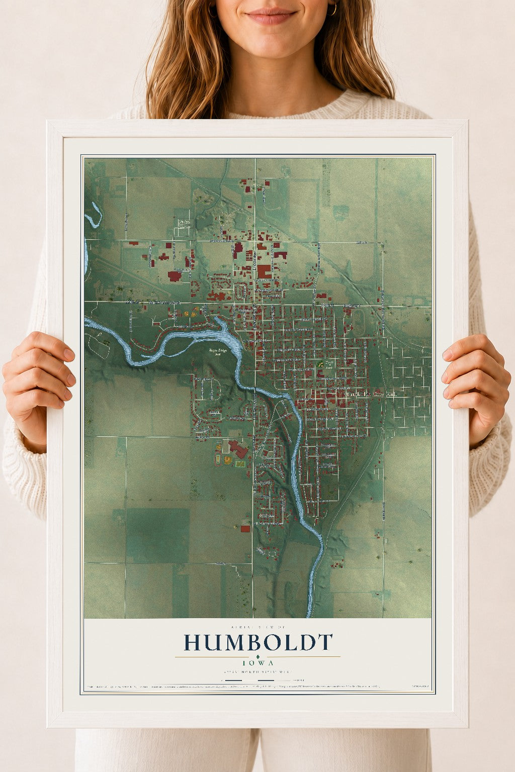 Map of Humboldt, Iowa, 18 x 24 inch print in a white wood frame