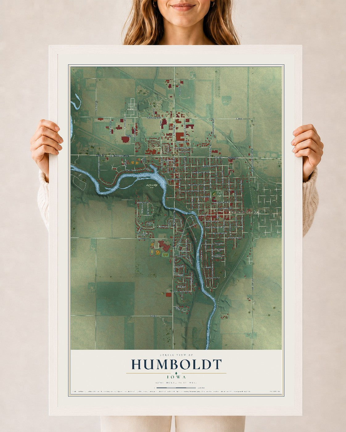 Map of Humboldt, Iowa, 24 x 36 inch print in a white wood frame