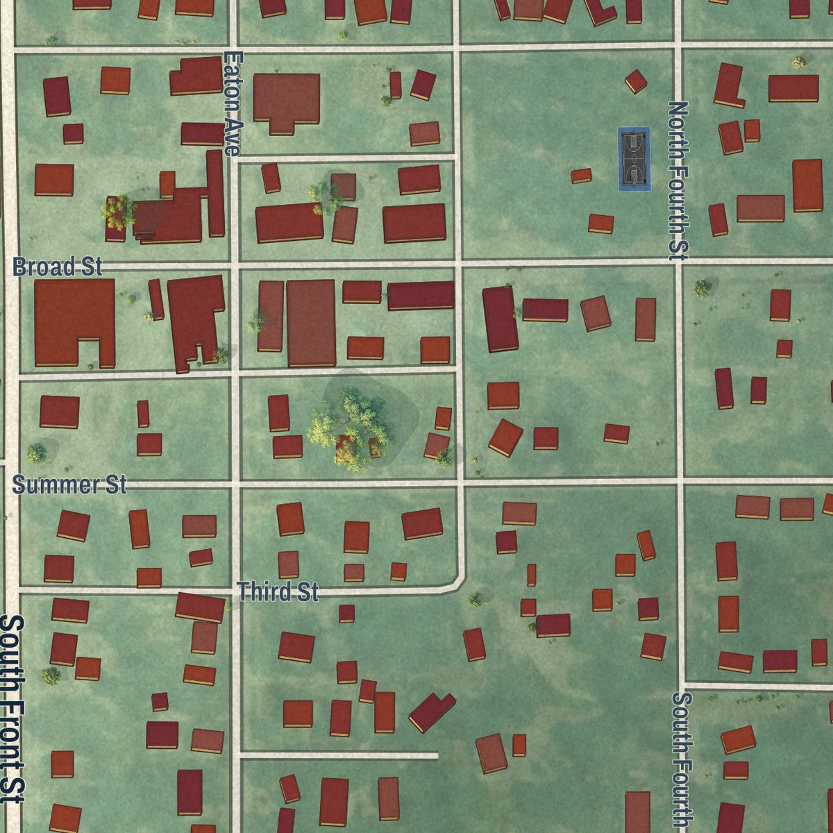 Close-up of the map of Humeston, Iowa print showing street and building detail