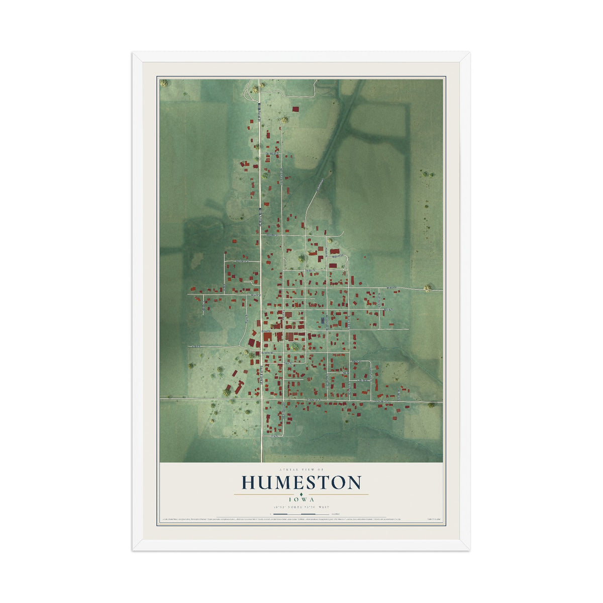 Map of Humeston, Iowa, 12 x 18 inch print in a white wood frame