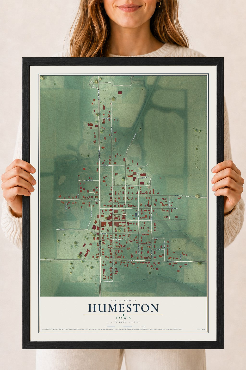 Map of Humeston, Iowa, 18 x 24 inch print in a black wood frame