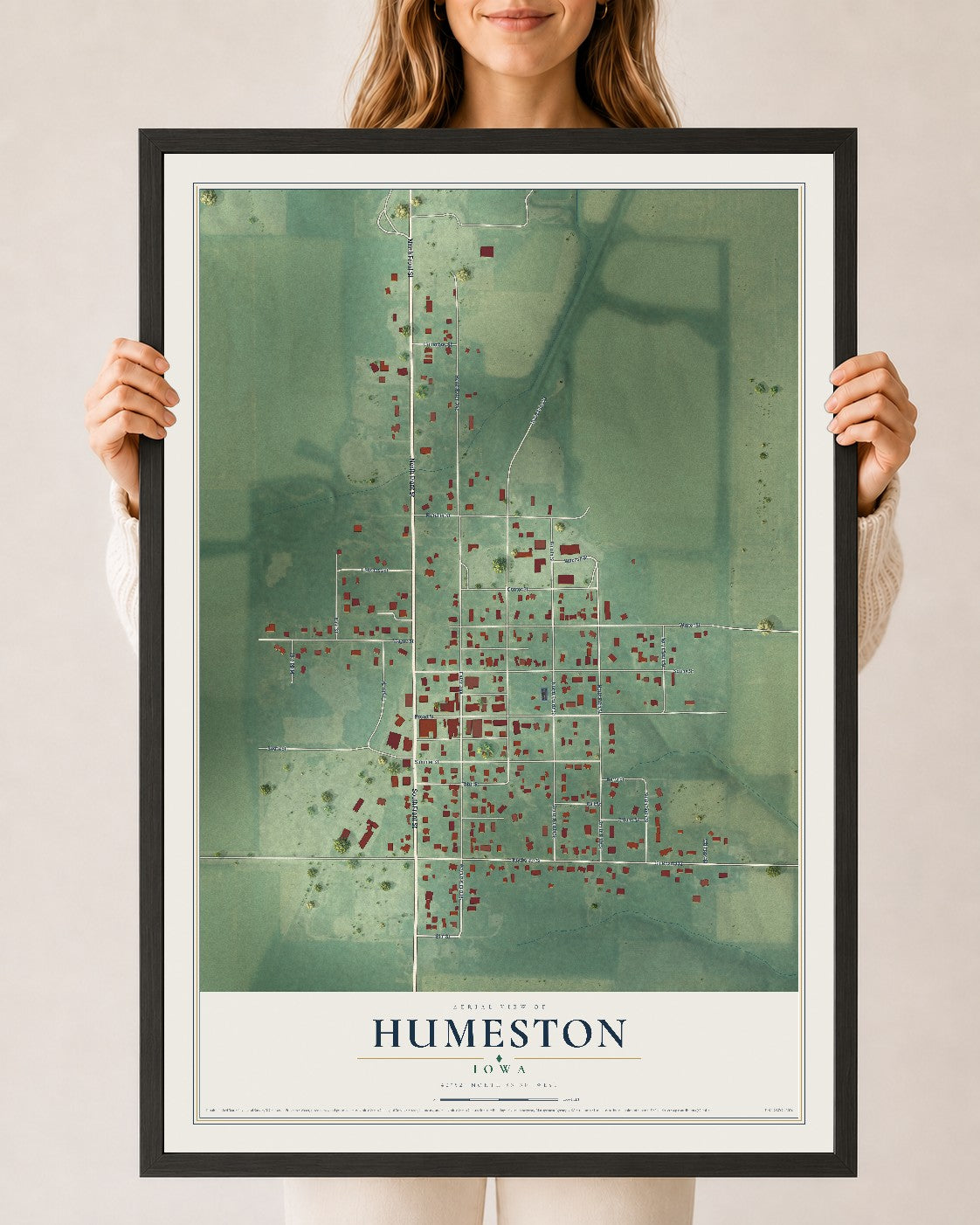 Map of Humeston, Iowa, 24 x 36 inch print in a black wood frame