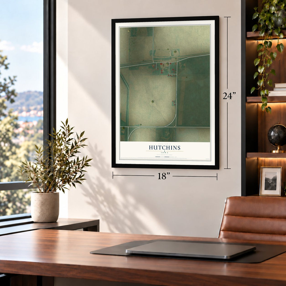 Hutchins, Iowa map, 18 x 24 inch print in a black frame in a home office