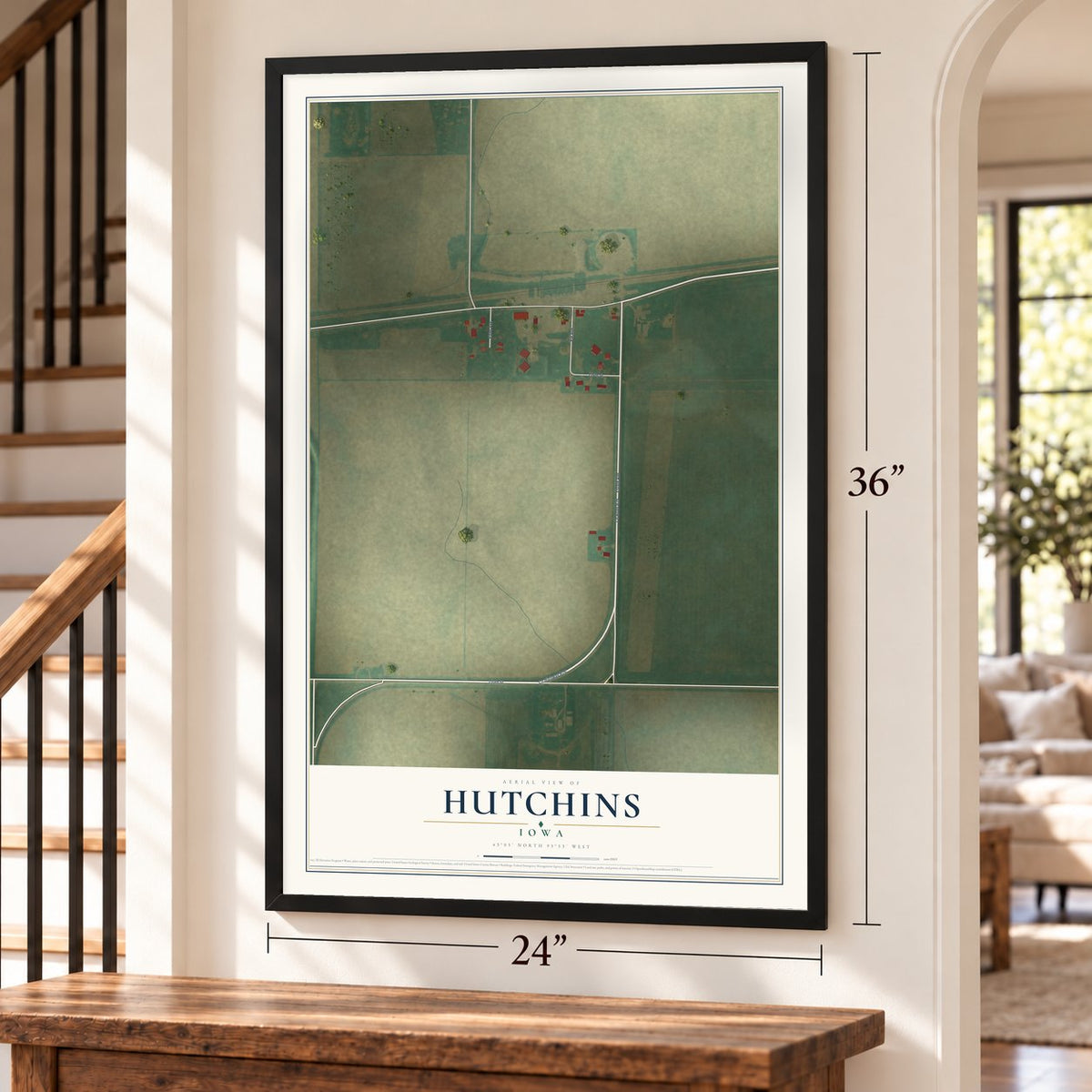 Hutchins, Iowa map, 24 x 36 inch print in a black frame by a staircase