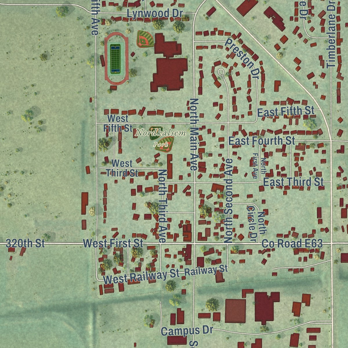 Close-up of the map of Huxley, Iowa print showing street and building detail