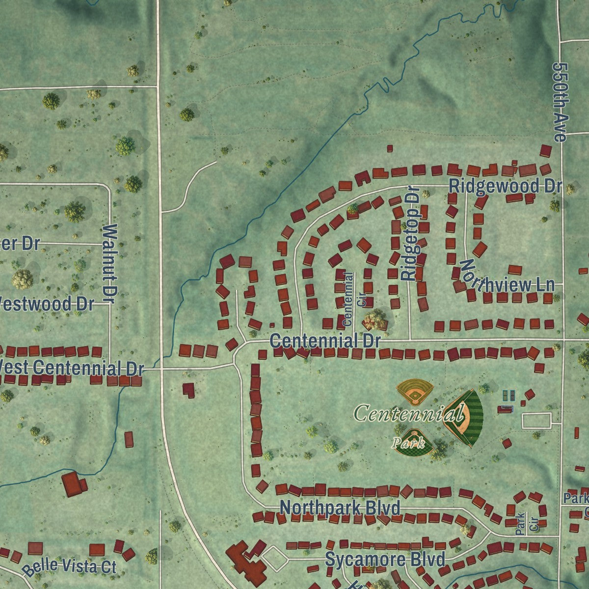 Second close-up of the map of Huxley, Iowa print showing more streets and buildings