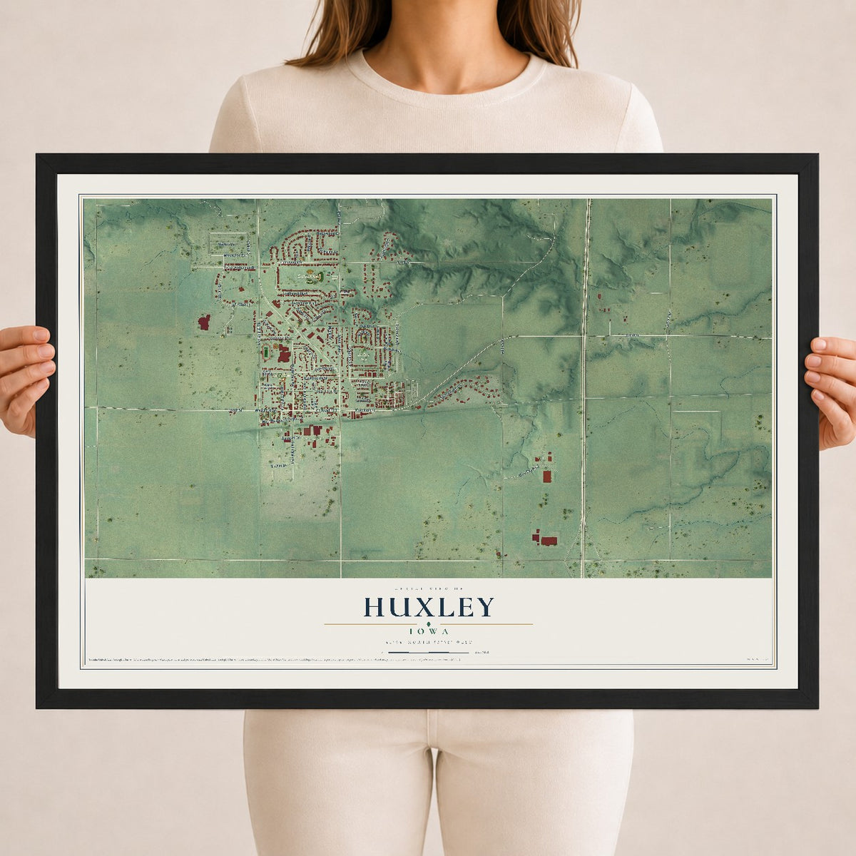 Map of Huxley, Iowa, 18 x 24 inch print in a black wood frame
