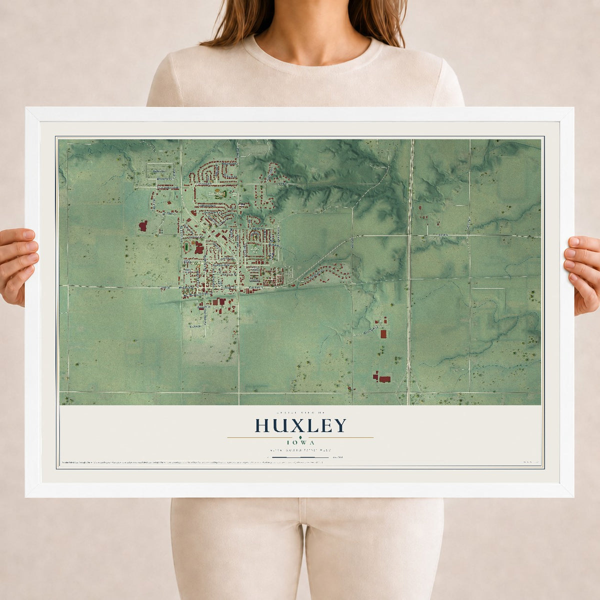 Map of Huxley, Iowa, 18 x 24 inch print in a white wood frame
